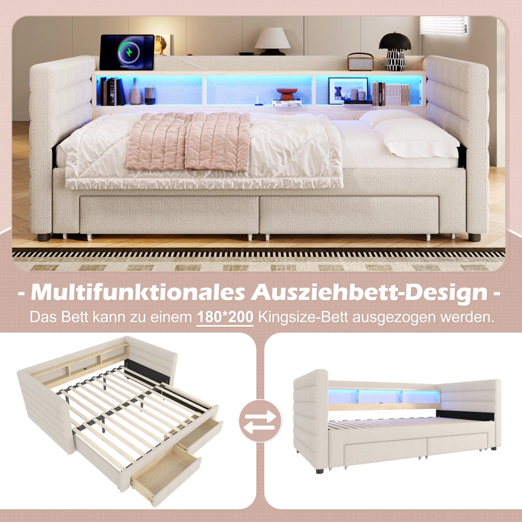 LETTO estraibile 90x190 cm in velluto beige con cassetti e luci LED