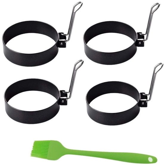 Set di 4 Forme per Frittelle in Metallo - Antifriction - Pennello in Silicone - Multifunzionale - Per Frittelle - Per Uova Strapazzate - Frittelle in Metallo