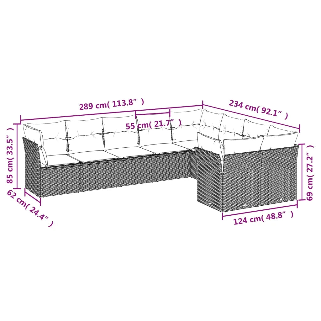 Set Divano da Giardino 9pz con Cuscini Grigio Chiaro Polyrattan