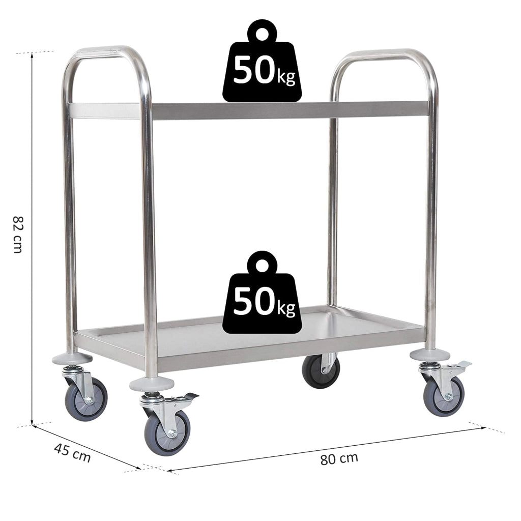 Carrello Cucina 2 Ripiani, Carrello con Ruote Portatutto, Carrello Portavivande in Acciaio Inox, 80x45x82cm, Argento