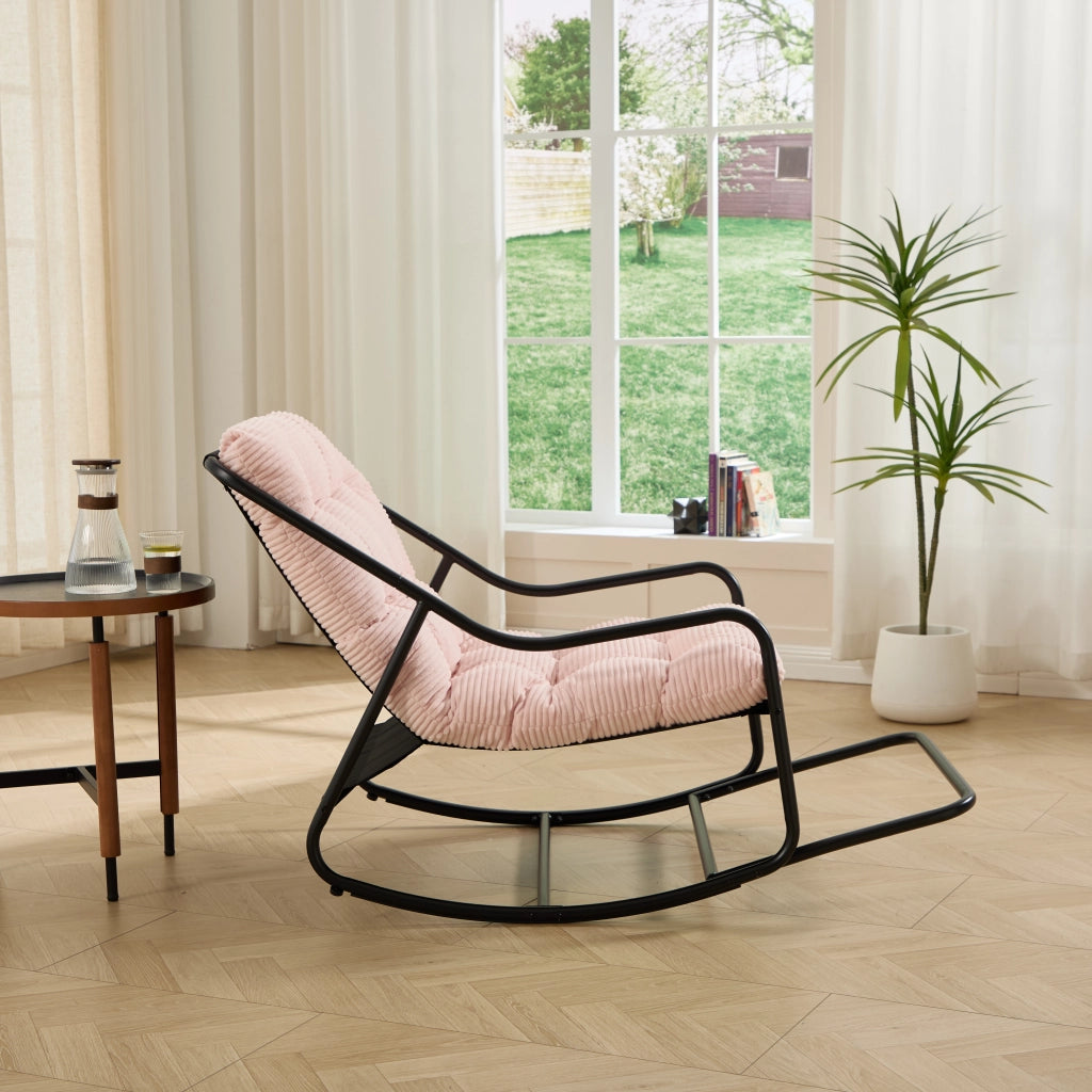 Sedia a dondolo comoda con spessa imbottitura per soggiorno e camera da letto giardino e terrazzo struttura nera cuscini rosa