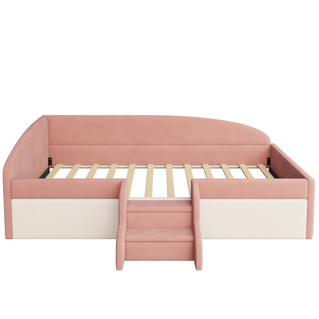 LETTO Imbottito con scalini e spondine 90x190 cm Velluto Rosa e Bianco