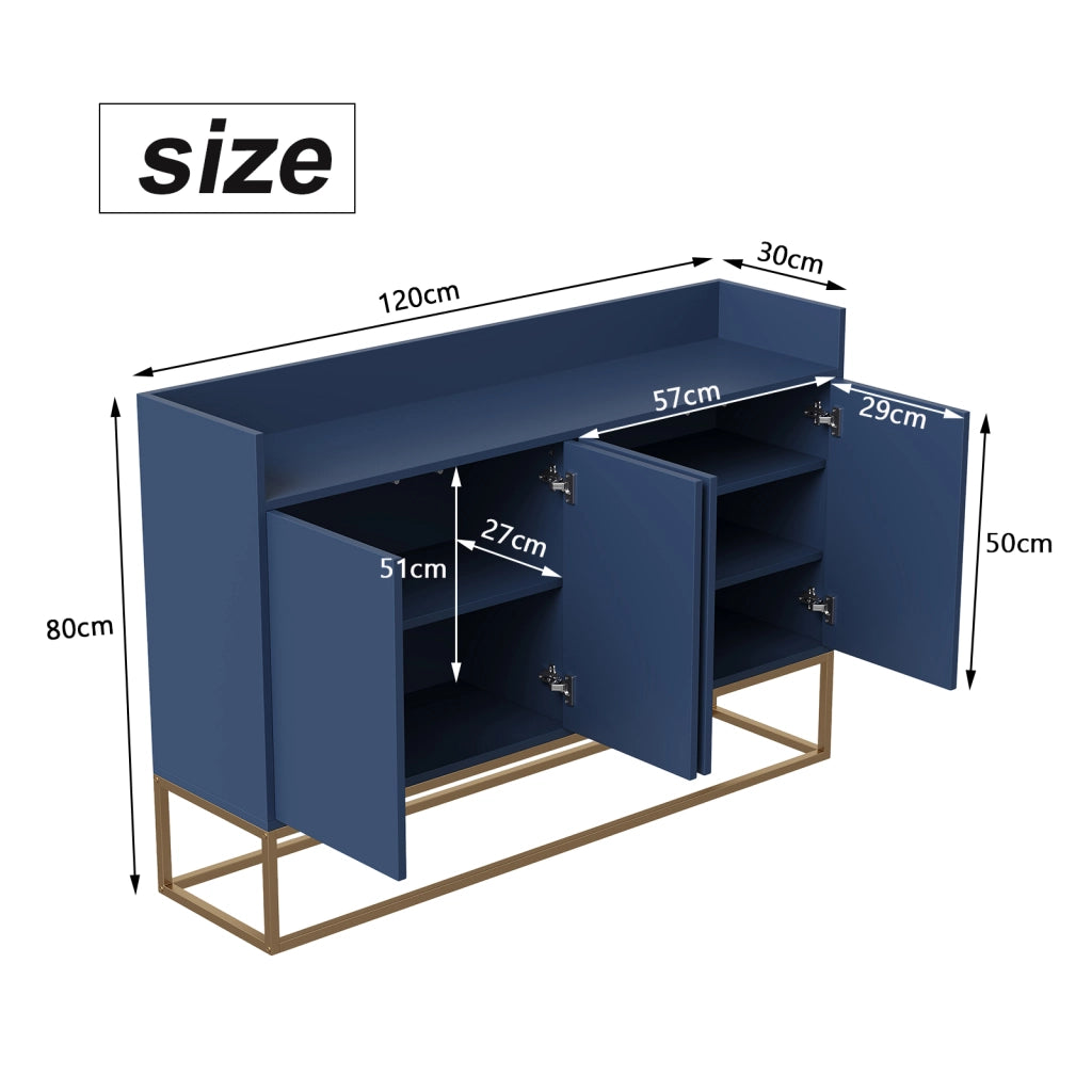 Credenza buffet 120cm blu marino, mobile soggiorno pannello di particelle con base metallo oro, 4 ante push‑to‑open, ripiani regolabili per sala da pranzo ingresso