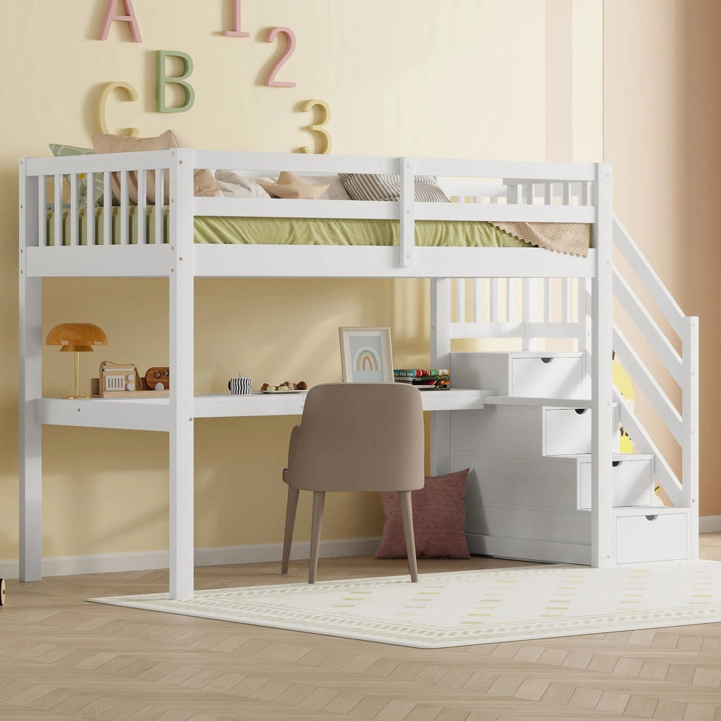 Letto a Soppalco con Scrivania e Cassetti ¨C MINIMAL ¨C Bianco 90x200