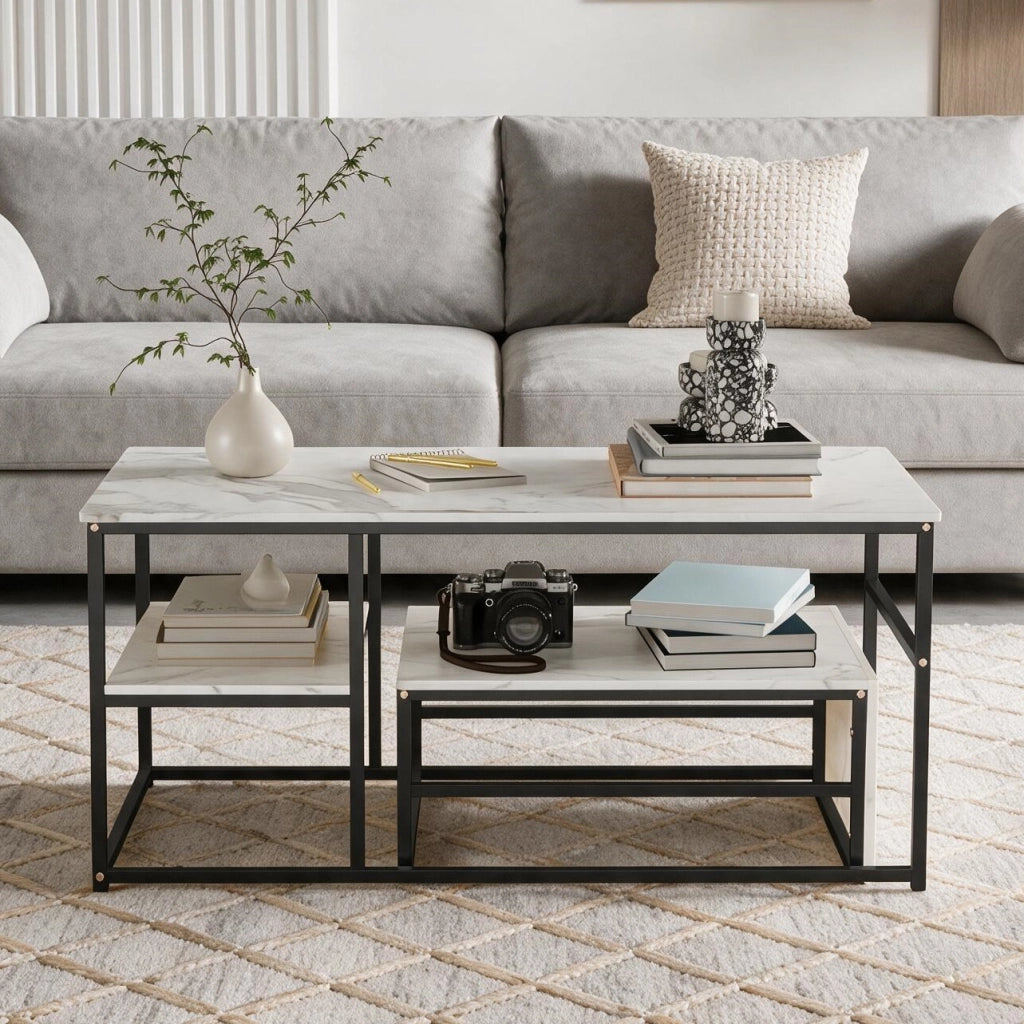 Tavolini da salotto set 2 pezzi 105x52x48,5 cm tavolino pieghevole sovrapponibile con contenitore effetto marmo metallo - nero