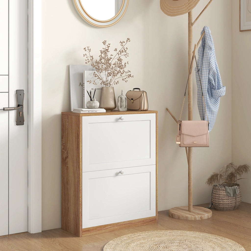 Scarpiera salvaspazio ¨C Xylo ¨C 2 ante, 12 paia, legno bianco e naturale, 60x24,5x75,5 cm