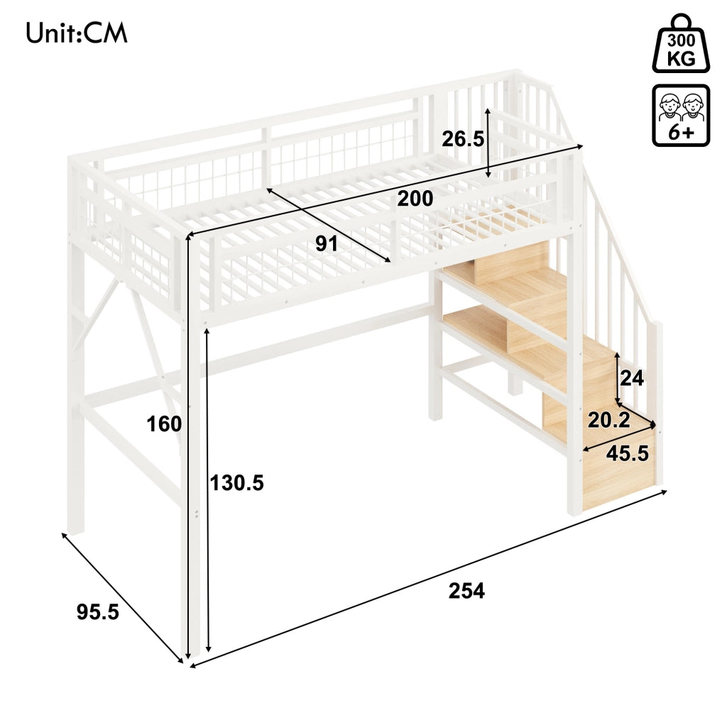 Hochbett 90x200 cm con scala contenitore e luce LED integrata