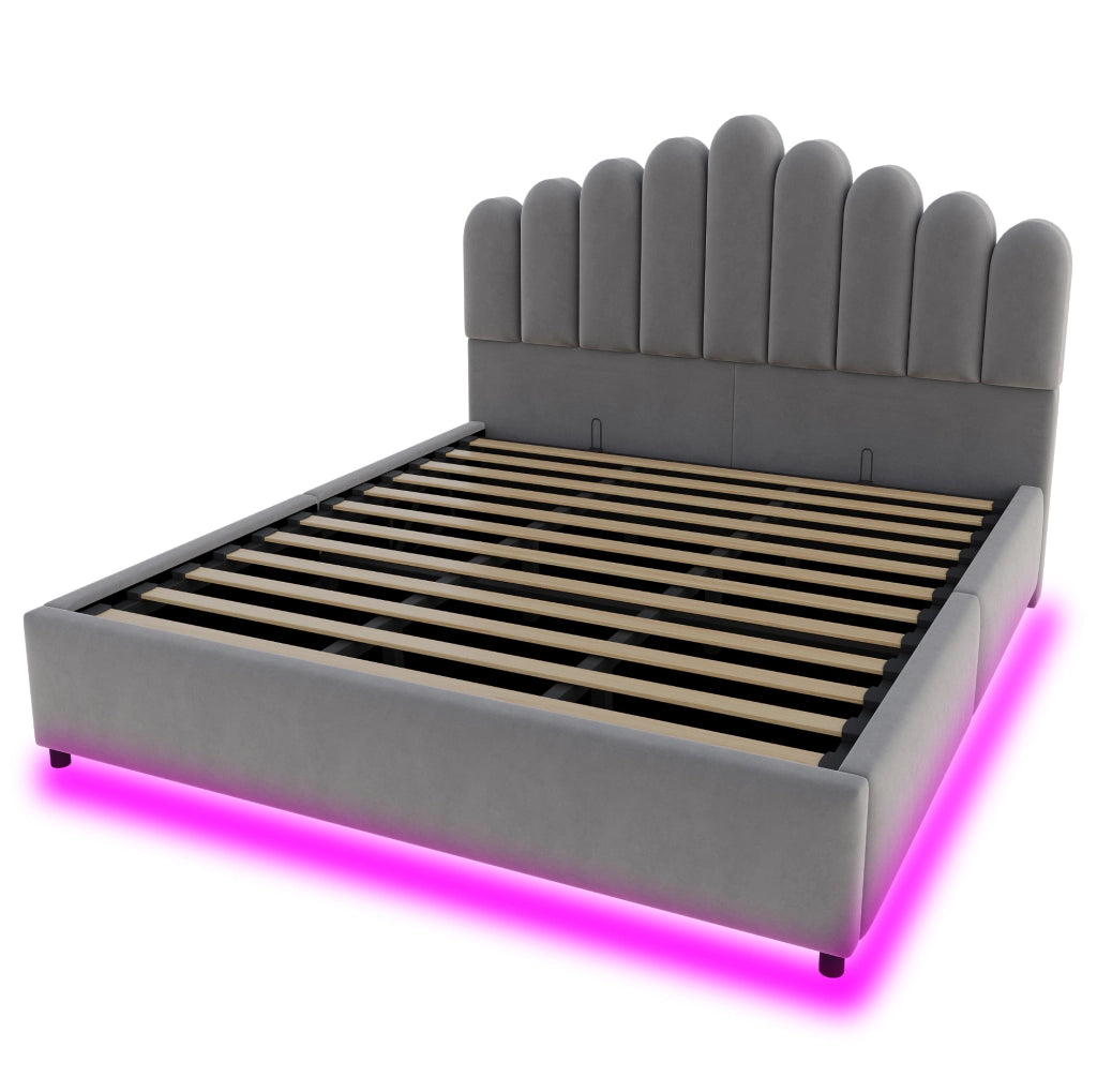 Letto imbottito 180x200 cm con contenitore idraulico; LED; velluto grigio