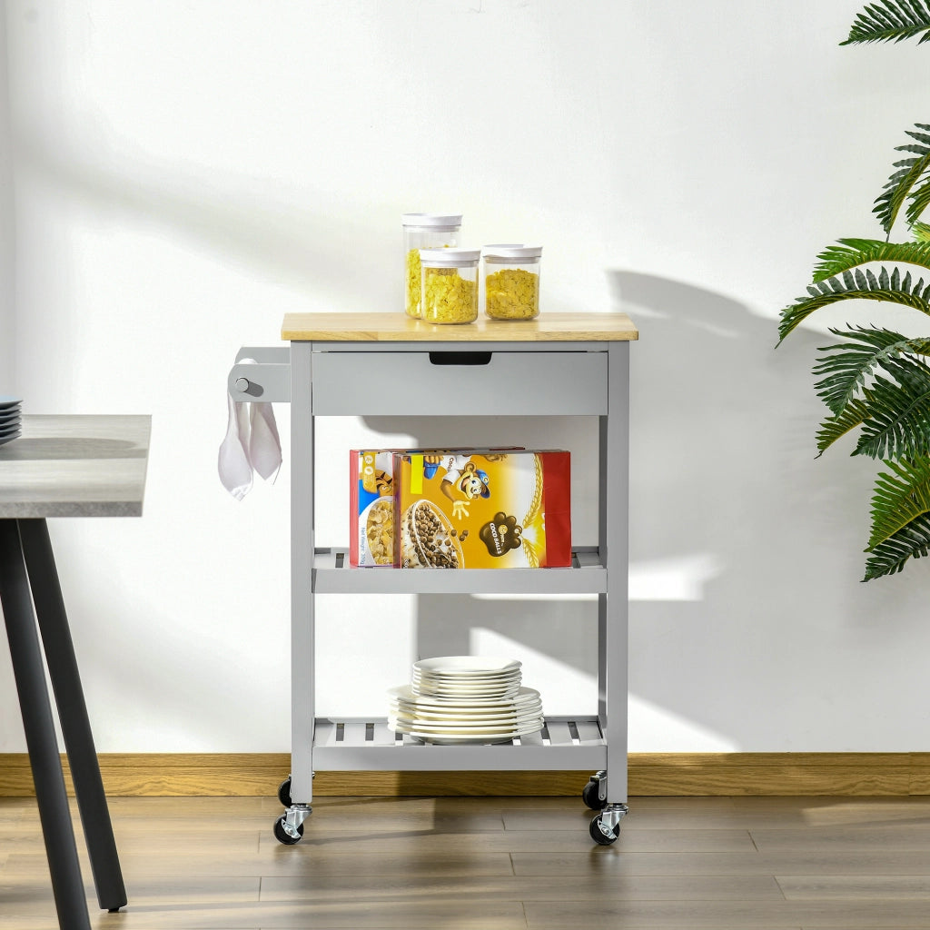 Carrello da cucina con ruote ¨C Xylo ¨C legno di hevea, 2 ripiani, 1 cassetto