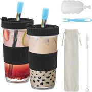 Due bicchieri in vetro da Bubble Tea neri con coperchio e rosa, 730 ml, bicchiere da drink con rosa, giare in vetro per Mason kant-en-klare per milkshakes, bevande, smoothies, birra