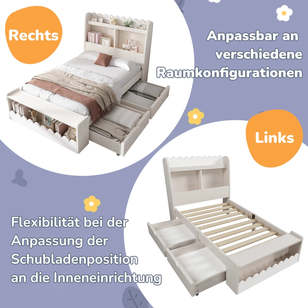 LETTO Singolo con cassetti e ripiani 90x190 cm Bianco e Rovere