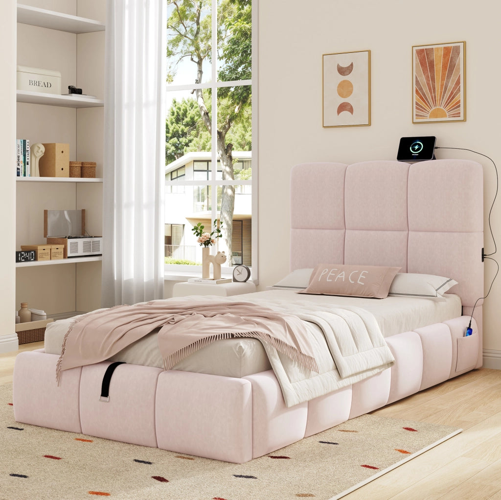 Letto singolo imbottito rosa con contenitore, rete a doghe e USB