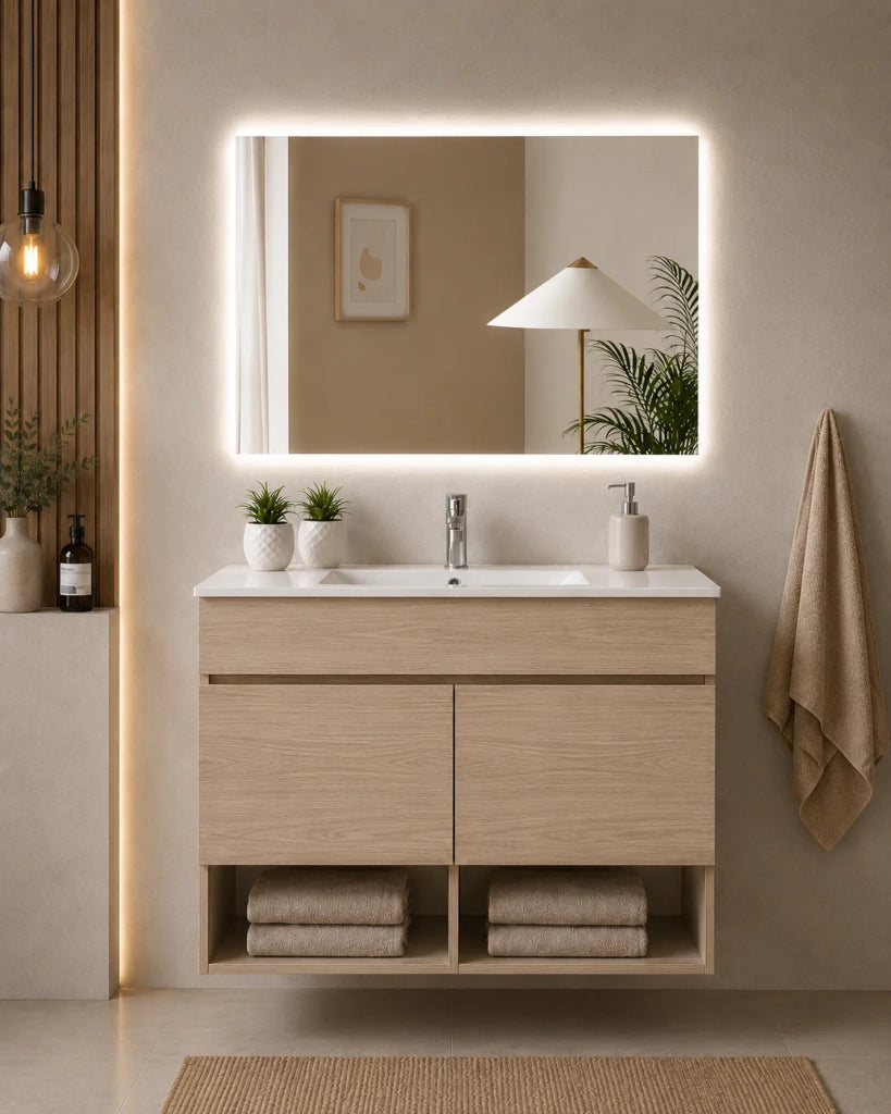 Mobile bagno sospeso con lavabo extrapiano ORIGENBATH NEBARI senza specchio 80x40 cm estepa