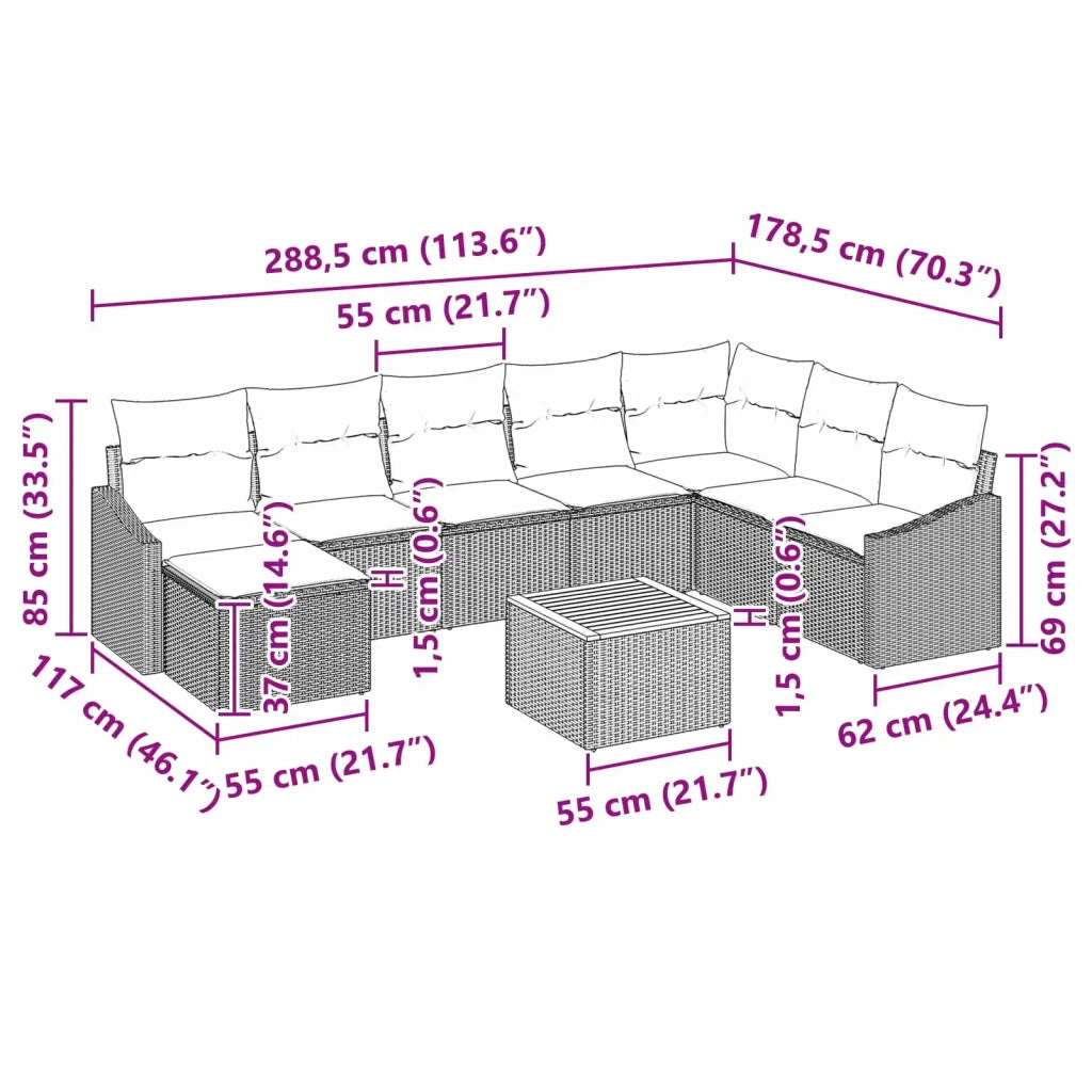 Set Divano da Giardino con cuscino 9 pcs Nero polyrattan 3347872