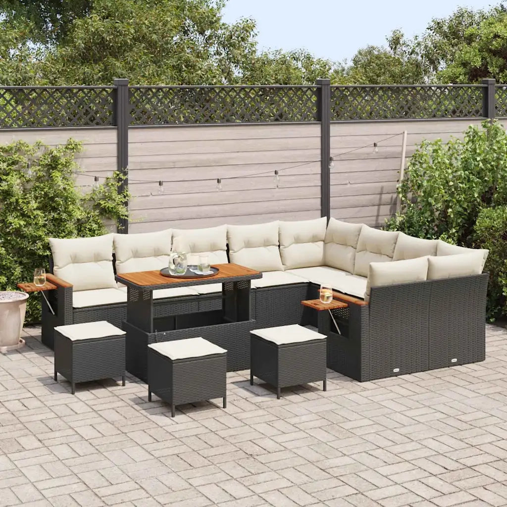 Set Divano da Giardino 14 pcs Nero e Crema polyrattan