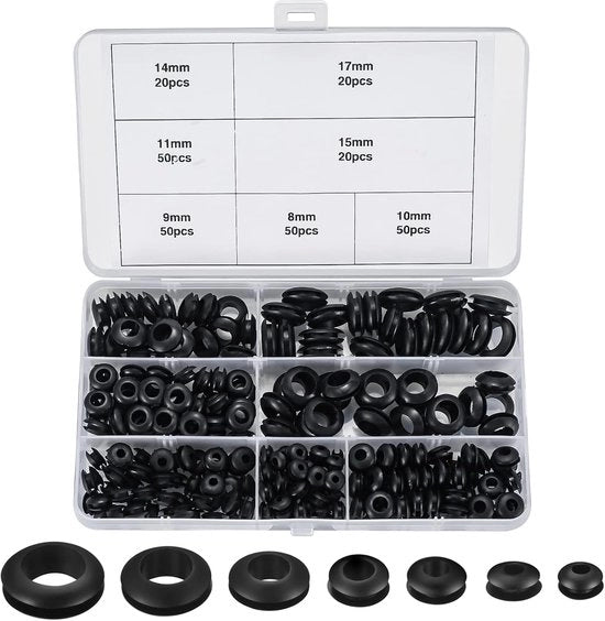 Set di guaine in gomma per passaggi - Set di passaggio cavi - 260 pezzi - Nero