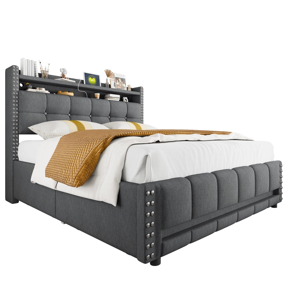 Letto matrimoniale imbottito 160x200 cm con LED, USB, contenitore e 4 cassetti
