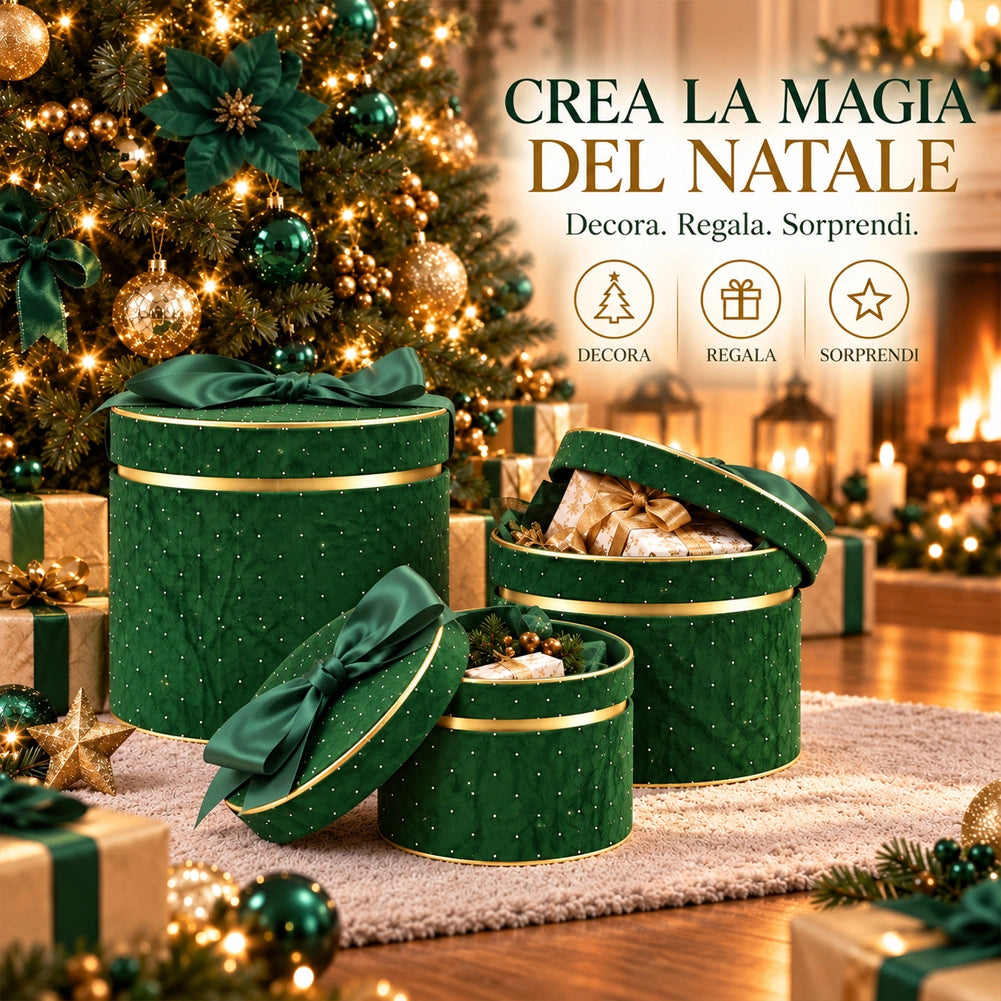 Set 3 Scatole Tonde Decorazione Natalizia Verde 16/20/25cm Scatola con Fiocco
