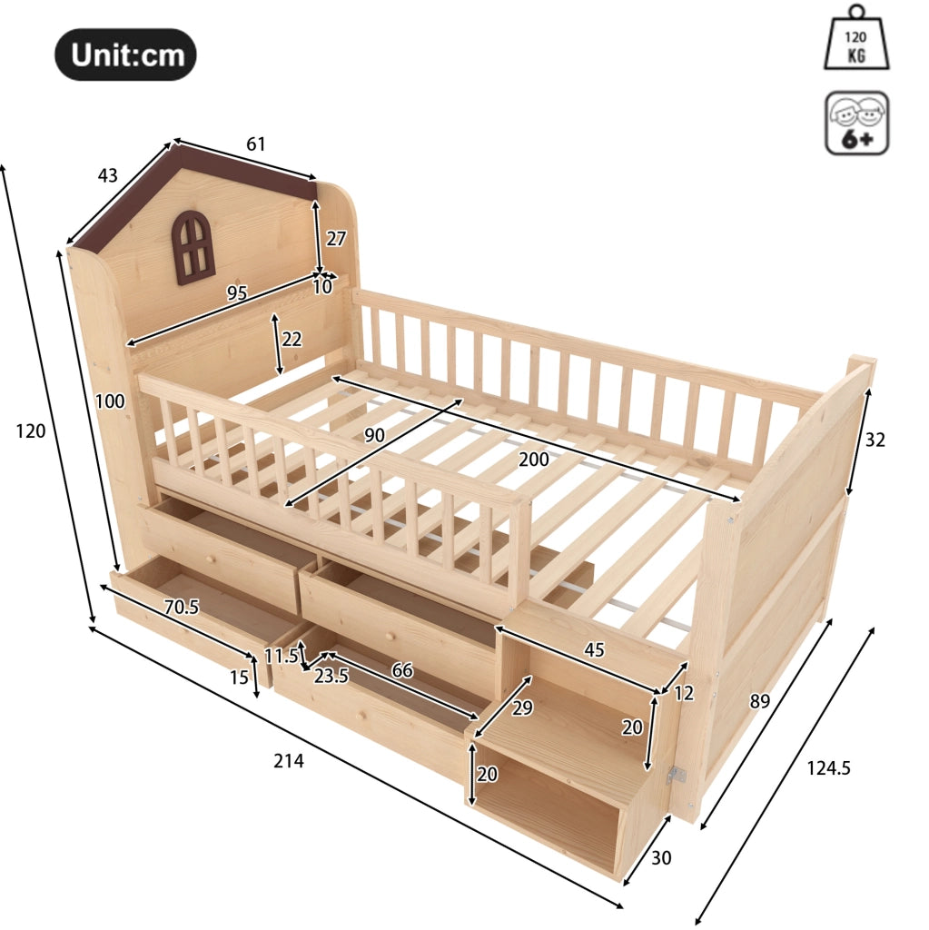 Letto per bambini a casetta 90x200 cm con LED, 4 cassetti e scala contenitore