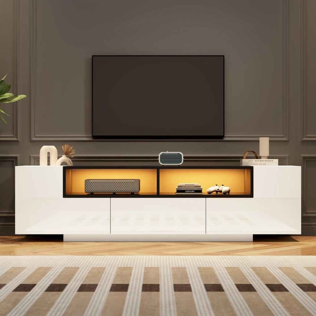 Mobile TV con LED e Cassetti ¨C MINIMAL ¨C Bianco Lucido/Nero, 180x40x48 cm