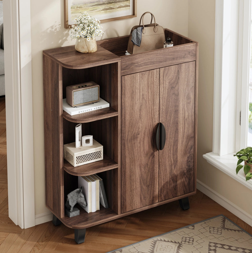 Scarpiera salvaspazio con ripiani aperti e armadietto a doppia anta 80x32x99 cm; truciolare noce