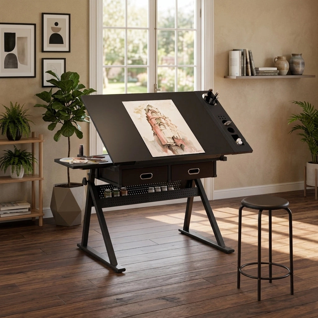Scrivania Regolabile con 2 Cassetti e Sgabello ¨C MINIMAL ¨C Nero