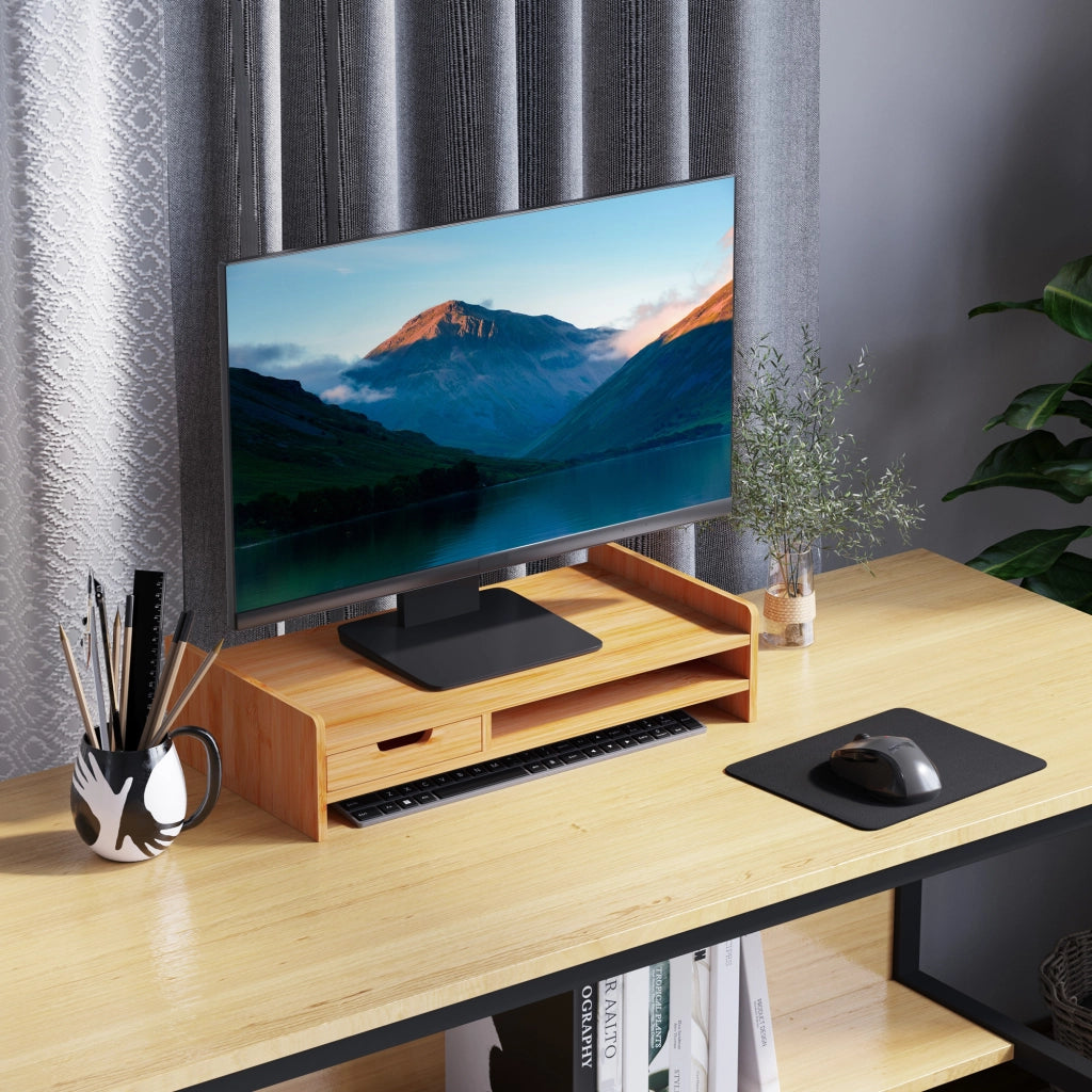 Supporto per monitor, supporto per schermo, organizer da scrivania con cassetti in finitura naturale, 49x25,5x11,5 cm, per l'organizzazione della