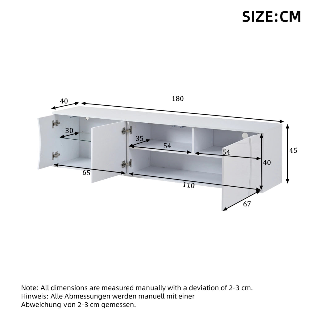 Mobile TV 180x40x45 cm con 3 ante e LED in truciolato bianco