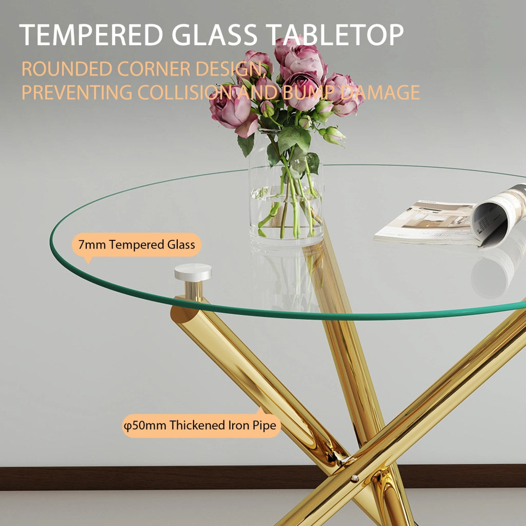 Tavolo da pranzo rotondo in vetro temperato gambe dorate 80x80x76 cm stile minimalista moderno