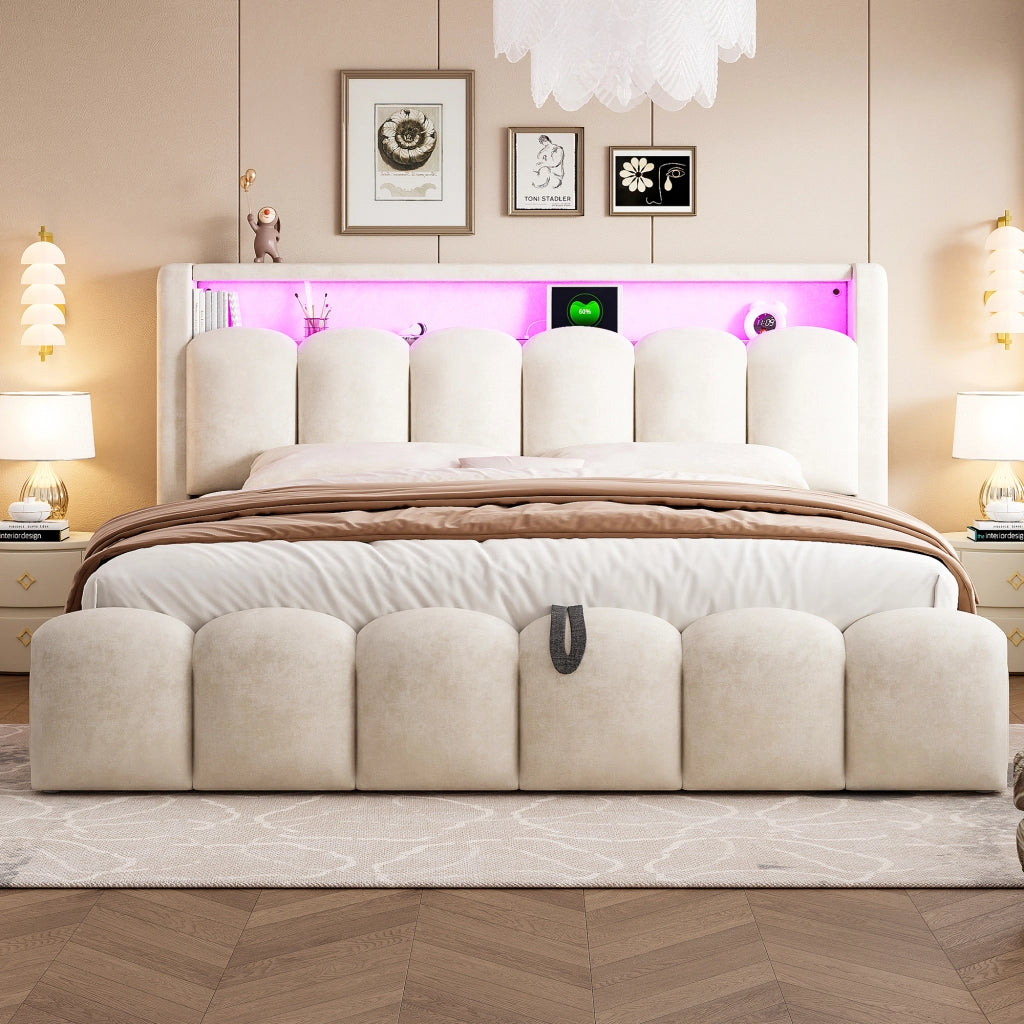 LETTO 180x200 cm in velluto beige con LED, USB-C e vano contenitore