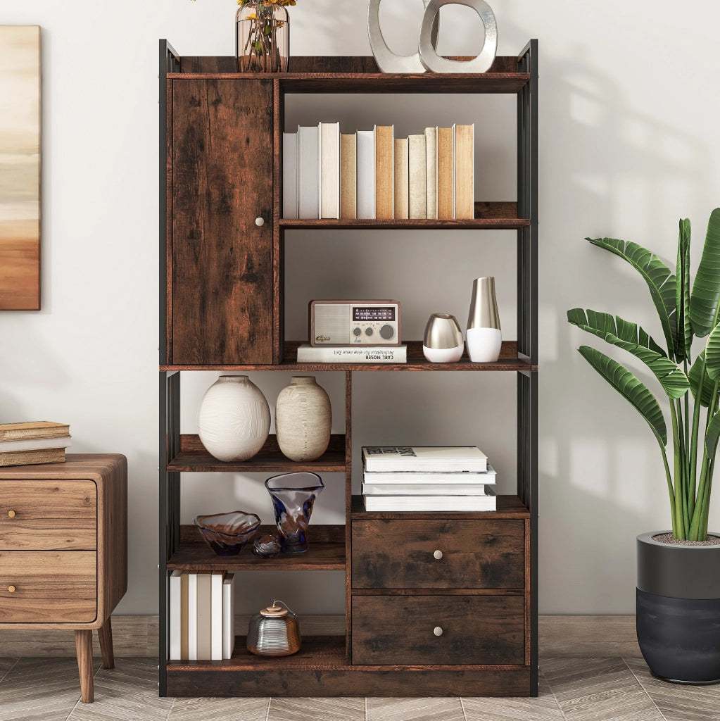 Libreria 100.0x30.0x173.5 cm con cassetti e armadietti in pannello truciolare marrone e nero