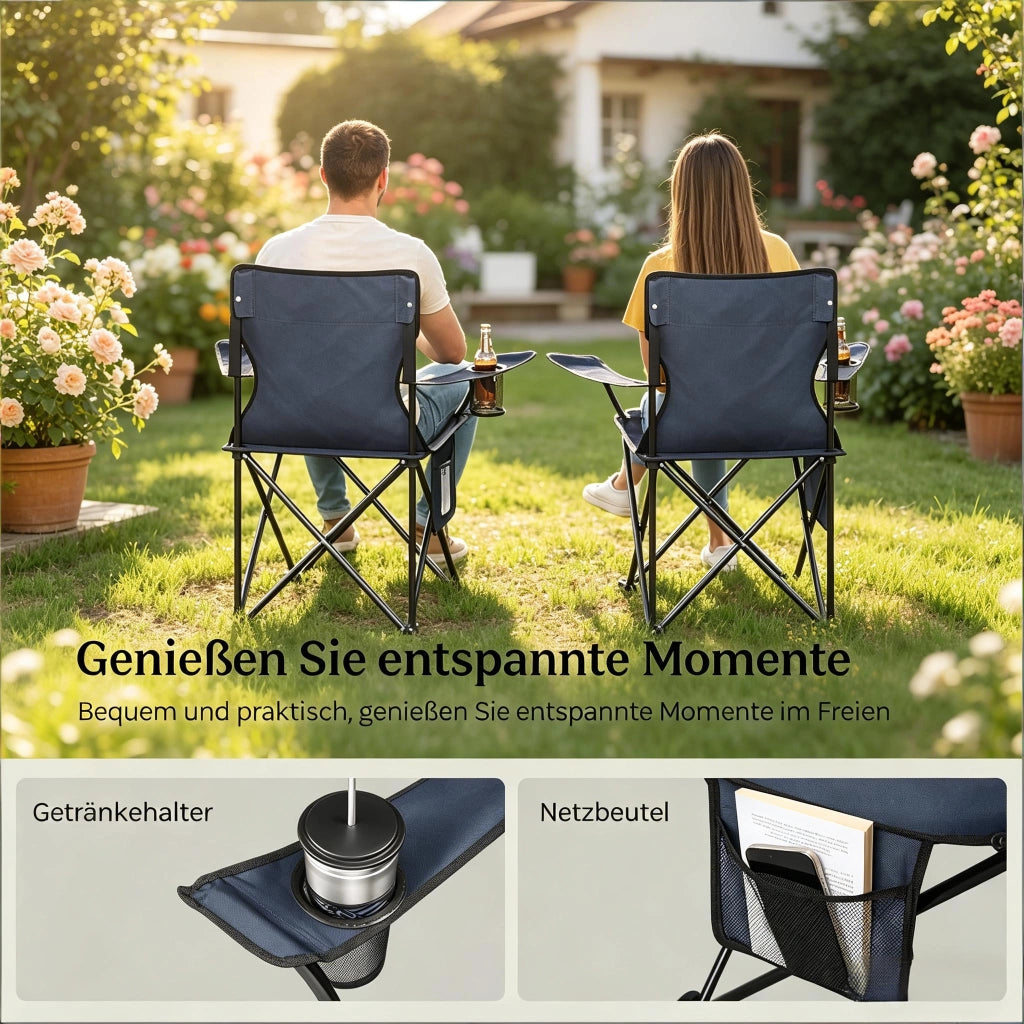 Set di 2 sedie pieghevoli da campeggio con portabicchieri e tasca laterale in tessuto oxford blu navy