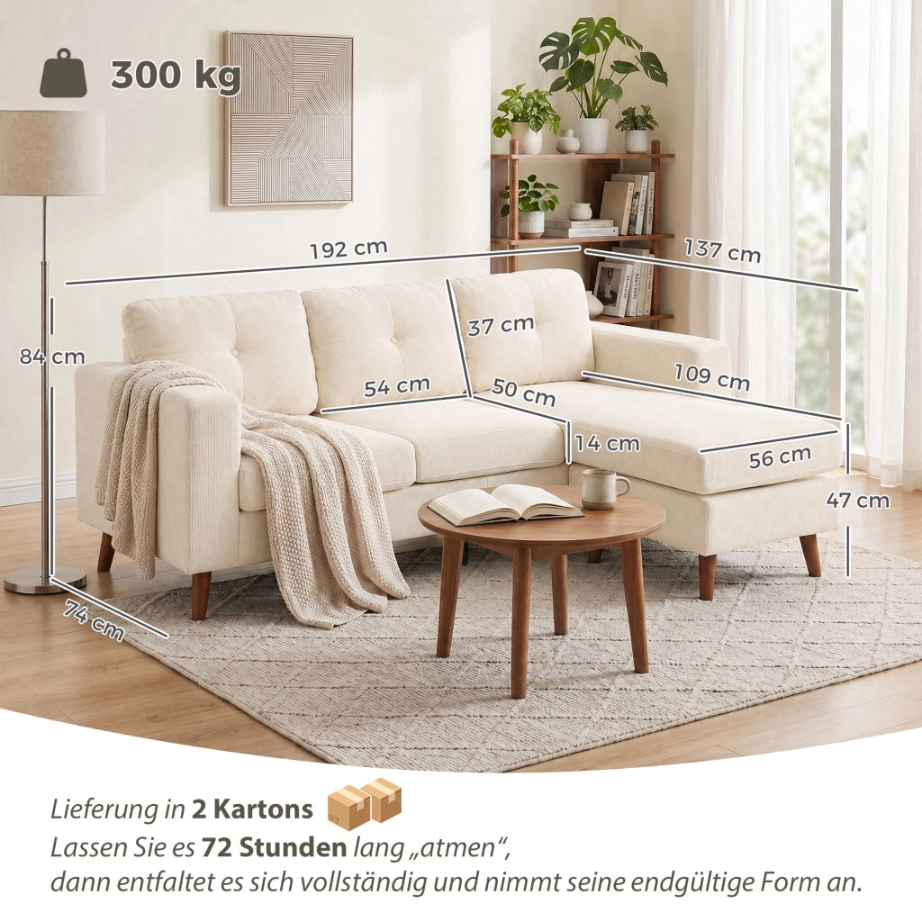 Divano angolare 3 posti con chaise longue reversibile ¨C Minimal ¨C Tessuto crema