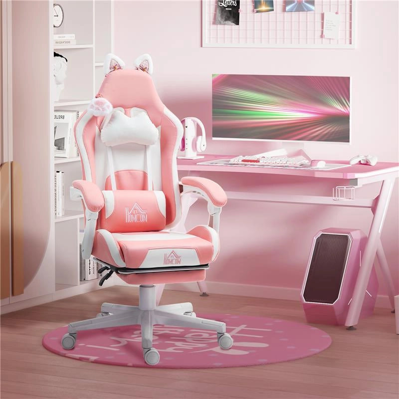 SEDIA DA GAMING ERGONOMICA CON ORECCHIE DA GATTO POGGIAPIEDI SUPPORTO LOMBARE E CERVICALE ROSA