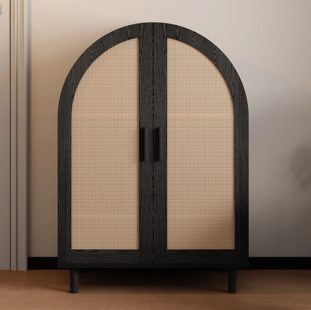 Scarpiera 70x40x100 cm con ripiani regolabili e ante in rattan MDF; pannello truciolare naturale e nero