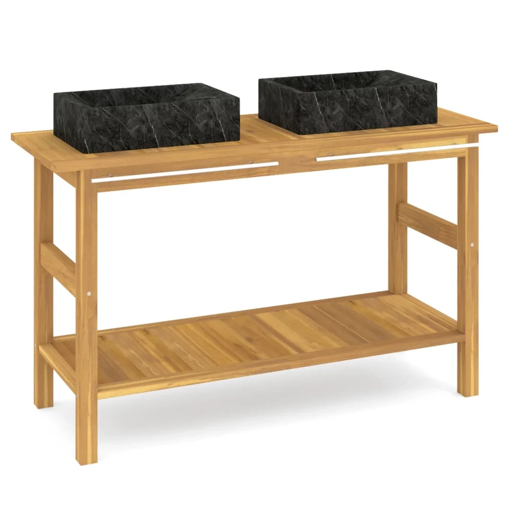Mobile Vanità Bagno e Lavandini Marmo Nero Legno Massello Teak 3096577