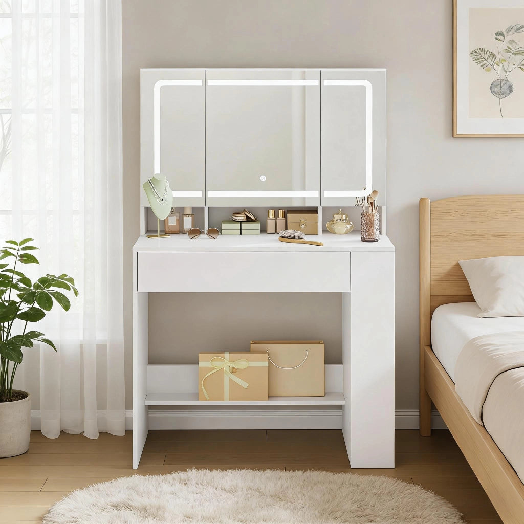 Toeletta con specchio LED; cassetto; armadietti e vani aperti per camera da letto; in MDF e vetro; bianco; 90×40×135 cm