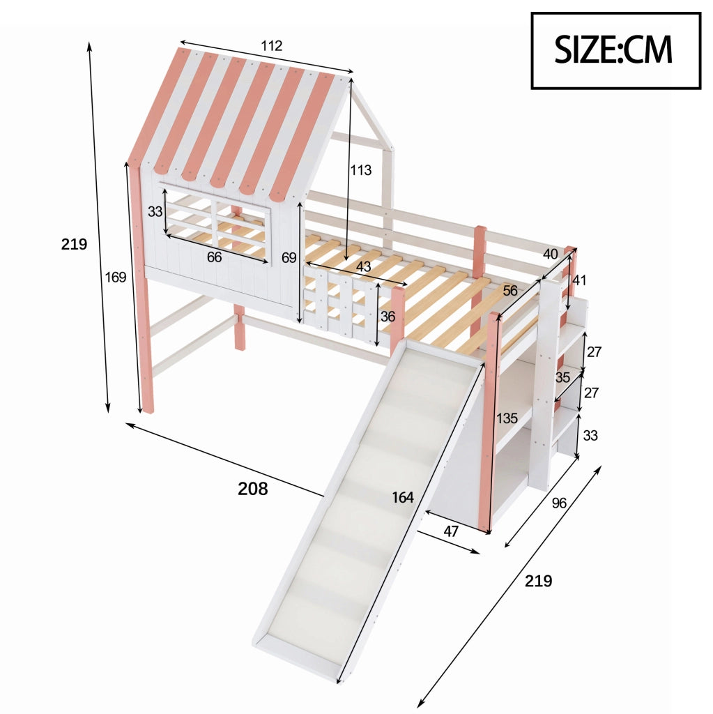 Letto a soppalco 90x200 cm con scivolo e scala in legno e MDF rosa