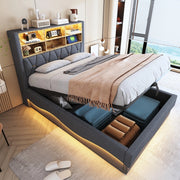 Letto Contenitore Imbottito 140x200 ¨C MINIMAL ¨C Grigio, LED, USB, Idraulico, Metallo
