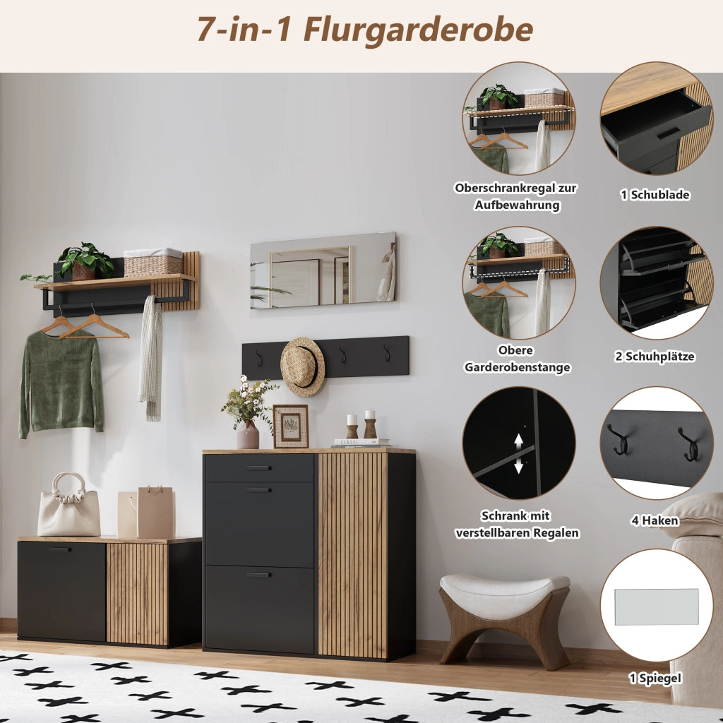 MOBILE Ingresso Set 5 pezzi con Specchio e Scarpiera Panca Nero e Naturale