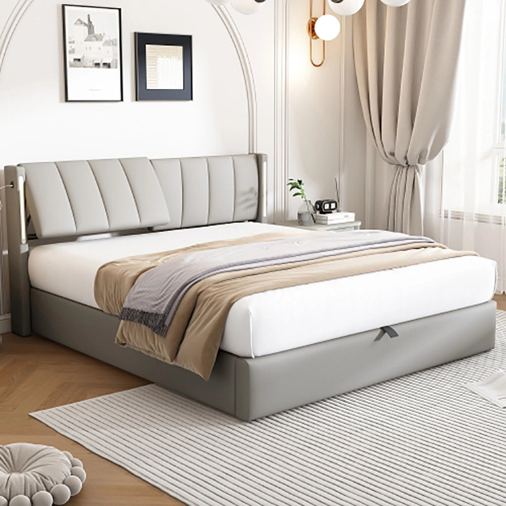 Letto imbottito LED con testiera regolabile - Xylo - 160x200 cm - Grigio - Alimentazione USB e idraulico