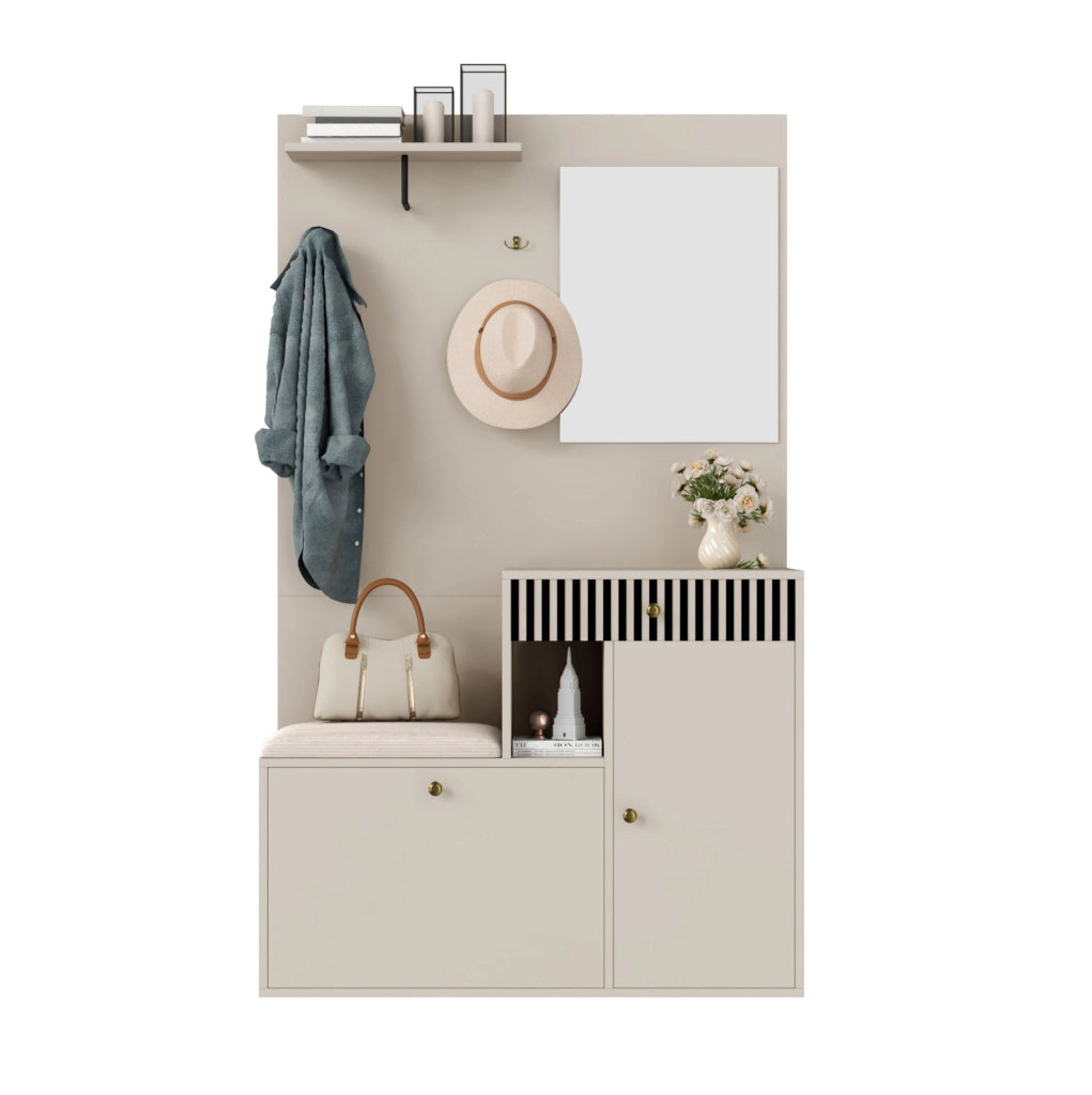 Mobile da ingresso 110x37x185.5 cm con specchio e seduta imbottita in MDF