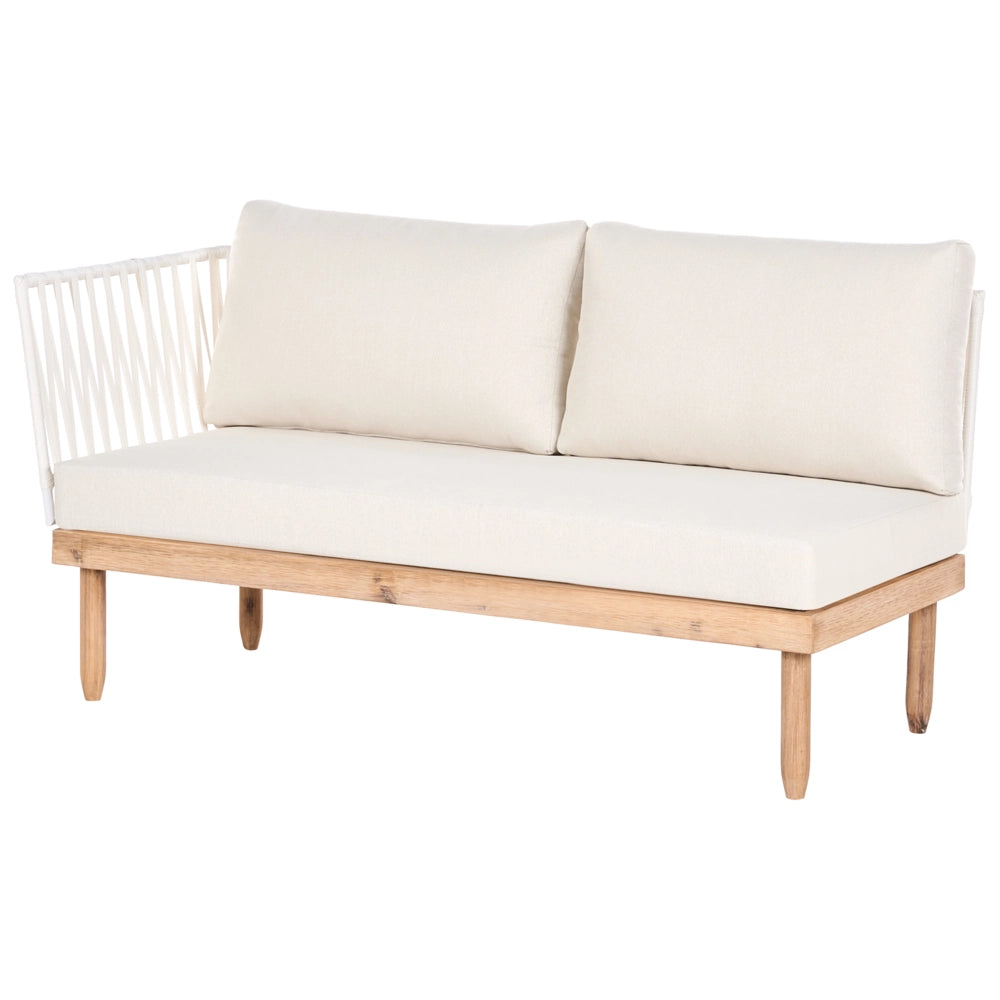 Set Lounge da Esterno in Legno di Acacia con Cuscini Bianchi, Poltrona in Rattan Sintetico e Tavolino 4 Posti Sinistro