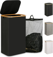 Wasmachine grande con coperchio - 110 litri - nero - maniglie in bambù