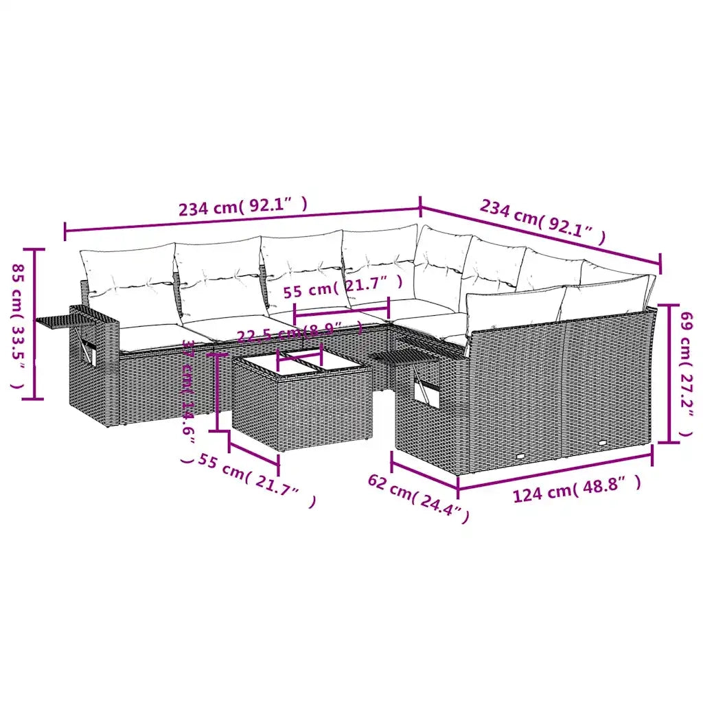 Set Divano da Giardino 9pz con Cuscini Grigio Chiaro Polyrattan