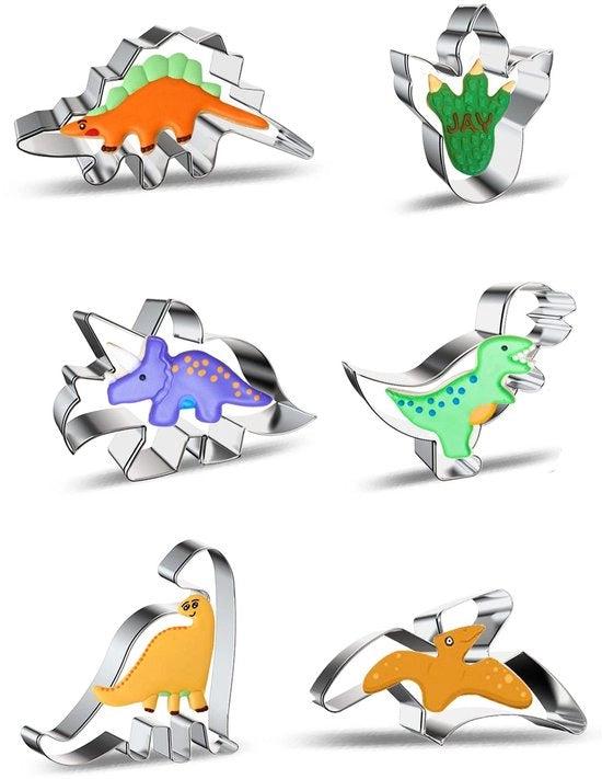 Set di stampi per biscotti a forma di dinosauro, 6 pezzi, stampi per biscotti in acciaio inossidabile a forma di dinosauro, decorazione per compleanni, stampi per biscotti e panettiere per bambini.