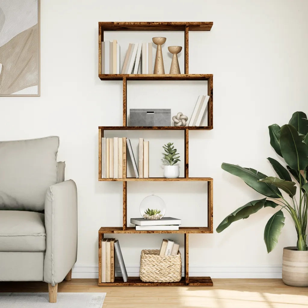 Libreria Divisorio 5 Ripiani-Scaffale per Libri-Mobile di Stoccaggio Legno Antico 70x24x161cm Truciolato
