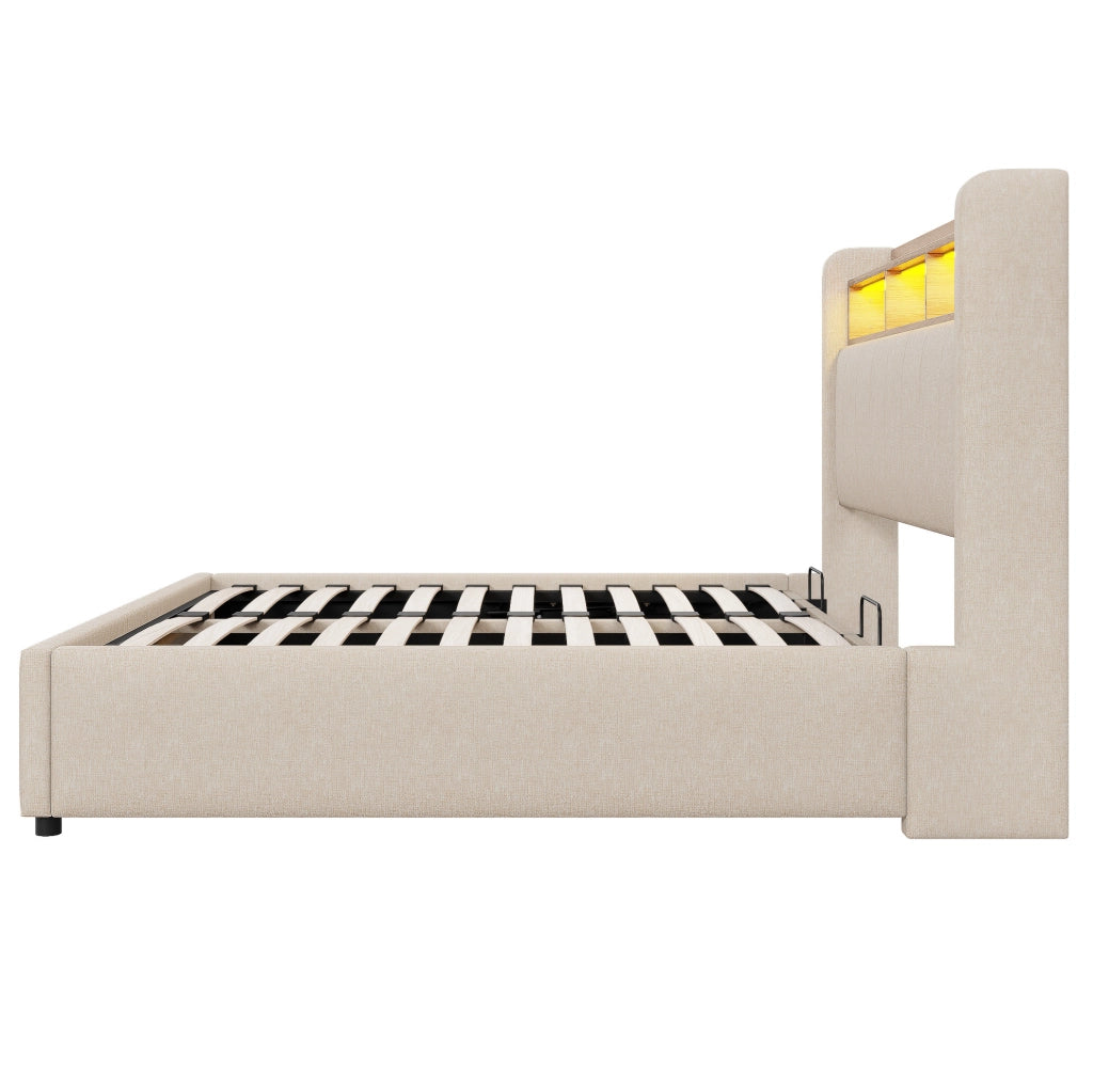 Letto imbottito 160x200 cm con LED, USB/Type-C e vano contenitore