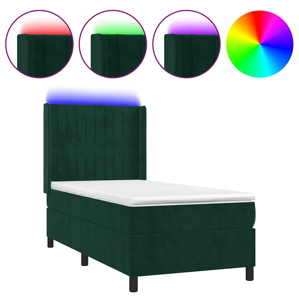 Letto a Molle con Materasso e LED Verde Scuro 90x200cm Velluto 3139664