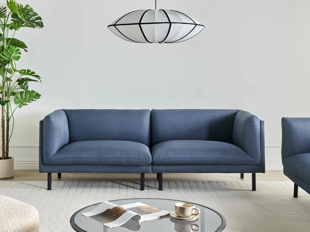 Divano a 3 posti imbottito in tessuto blu scuro legno gambe nere imbottito da salotto